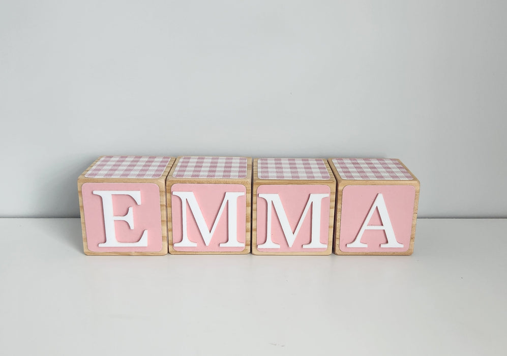 BABY PINK GINGHAM WOODEN BLOCKS 7CM