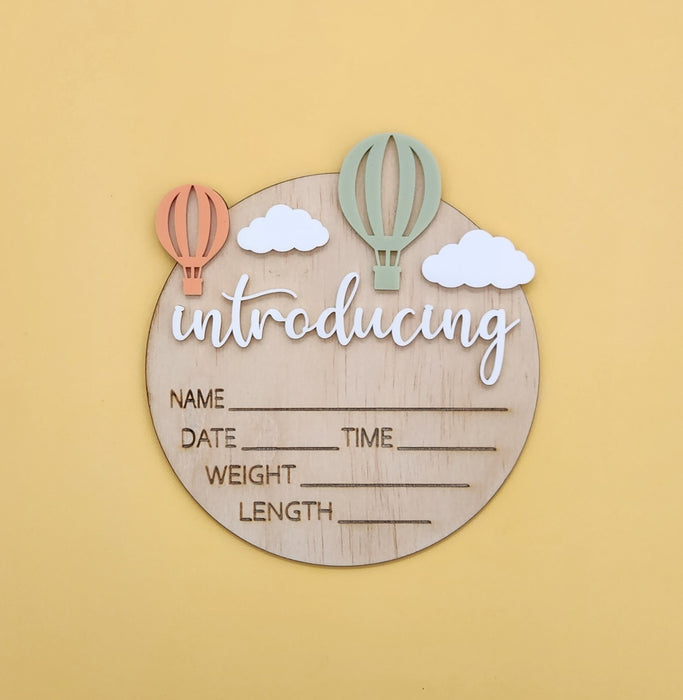 'INTRODUCING' ACRYLIC BIRTH DETAIL ANNOUNCEMENT PLAQUE - HOT AIR BALLOON