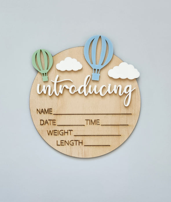 'INTRODUCING' ACRYLIC BIRTH DETAIL ANNOUNCEMENT PLAQUE - HOT AIR BALLOON