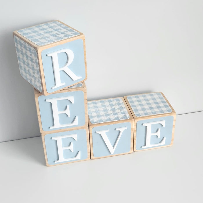 BABY BLUE GINGHAM WOODEN BLOCKS 7CM